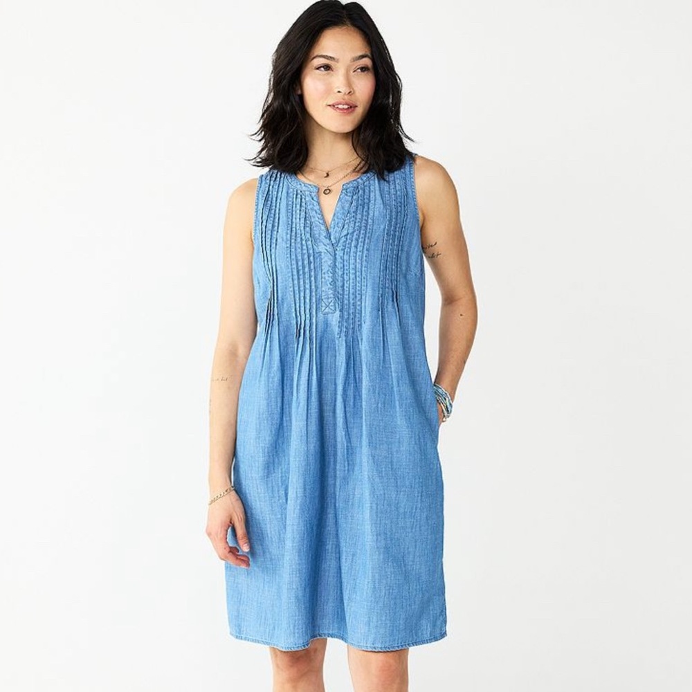 Pintuck Linen Blend Chambray Dress